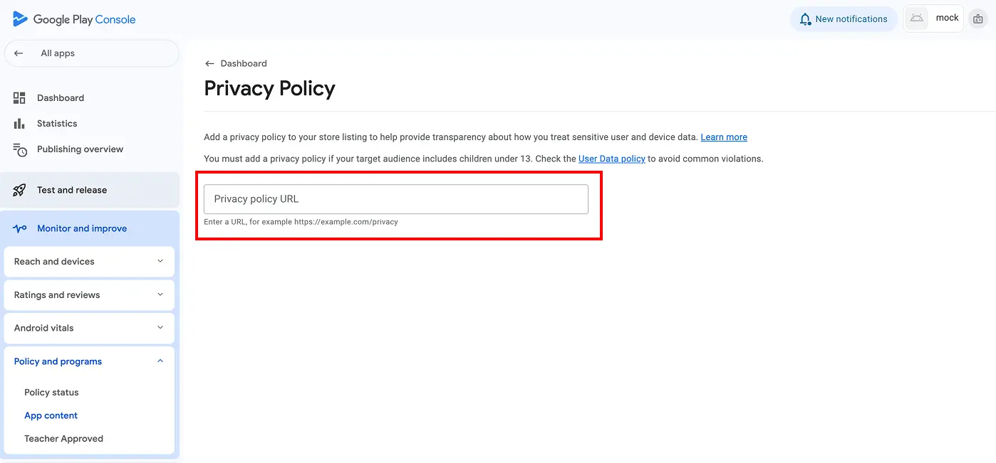 Google Play Console privacy policy URL field