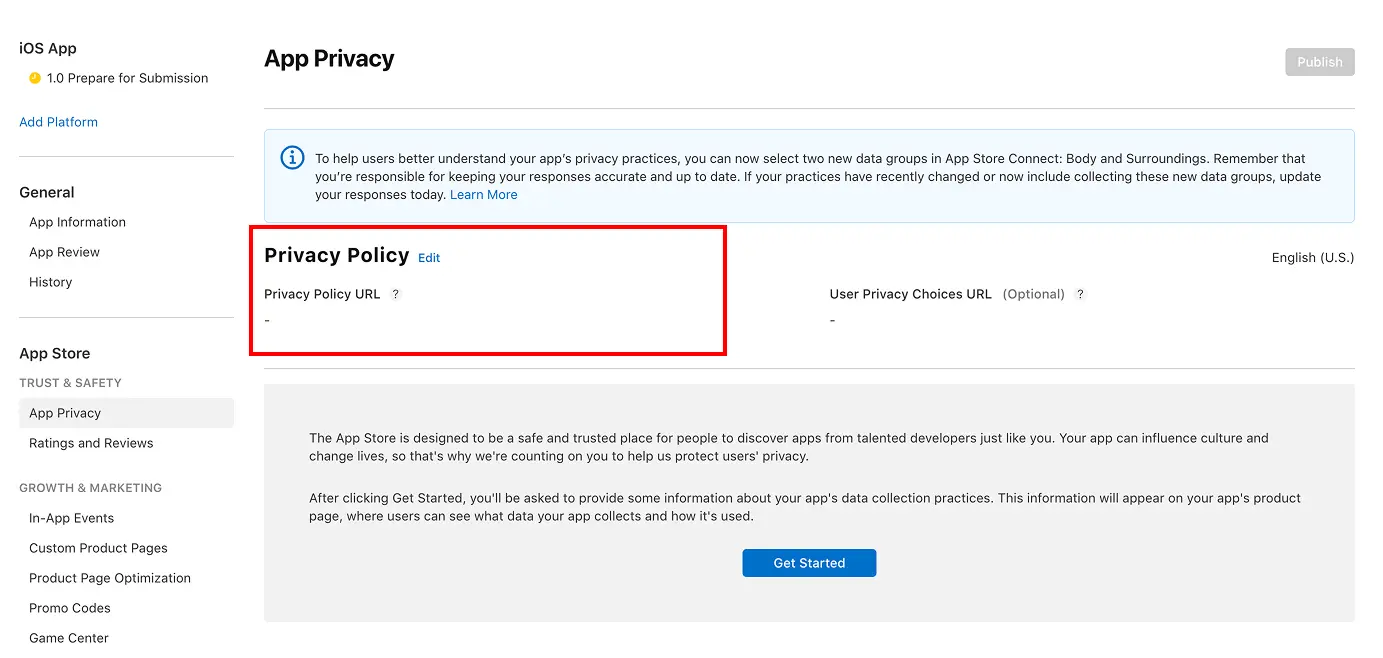App Store Connect privacy policy URL field
