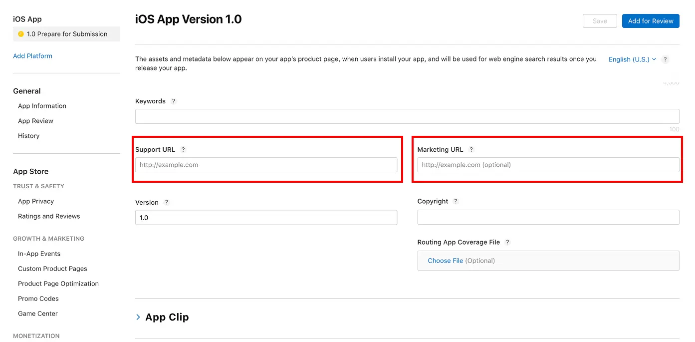 App Store website URL field for IOS apps