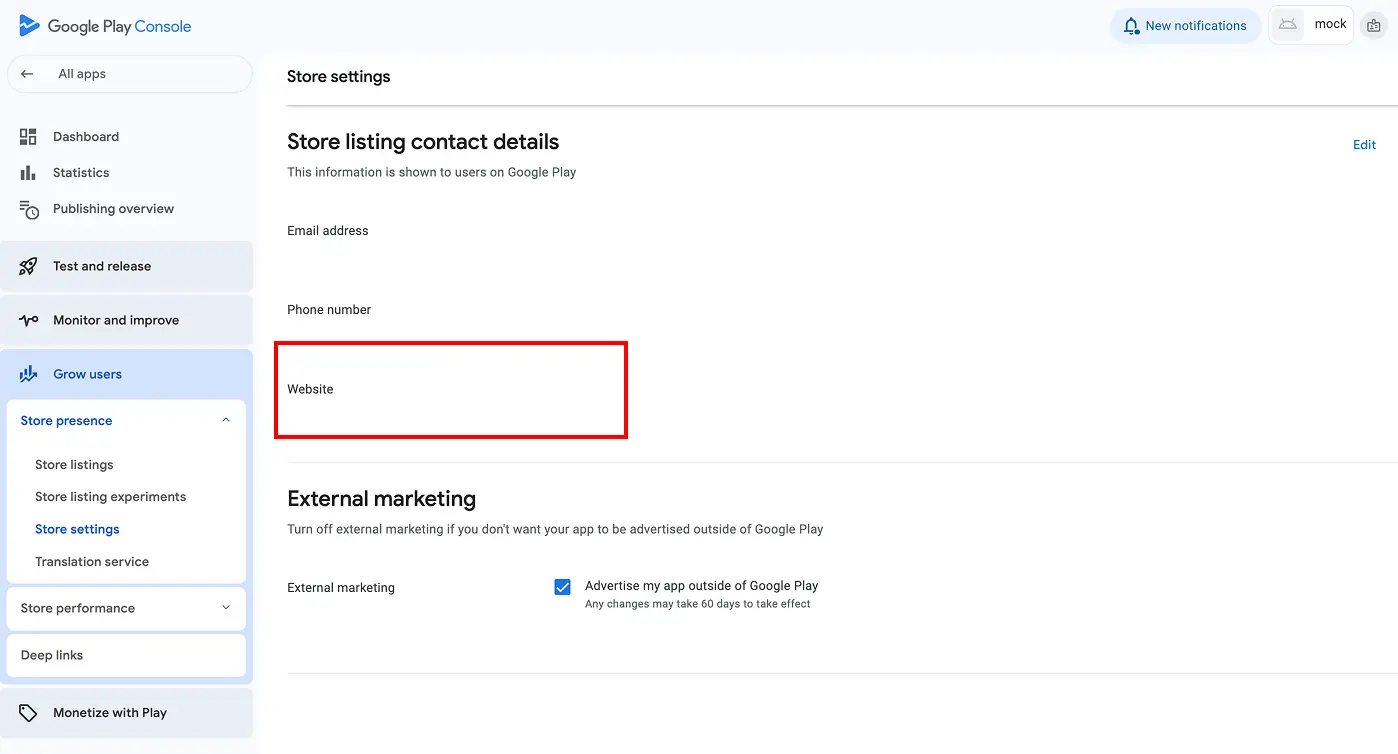 Google Play Console website URL field for Android apps